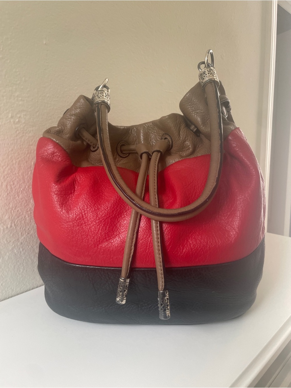 Brighton Tri-Color Drawstring Hobo in Red, Taupe & Black
